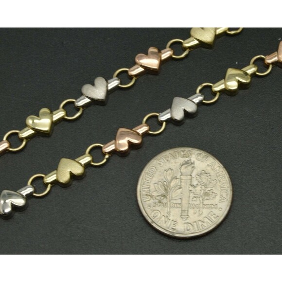 Real 10K Gold Tri Color 5.3mm Puffed Heart Link Ankle Bracelet 9-10 - Picture 2 of 7
